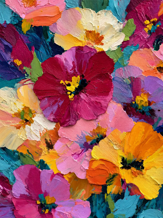 Full floral artwork of oversized magenta, coral, yellow and cream flowers among turquoise and deep green passages.