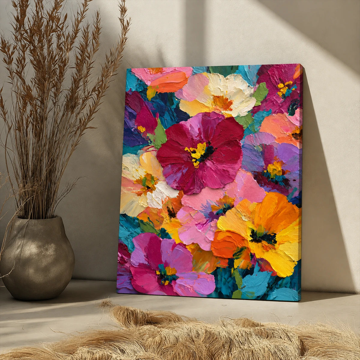 Unframed Vivid Blooms canvas leaning against a wall beside a vase of dried grasses.