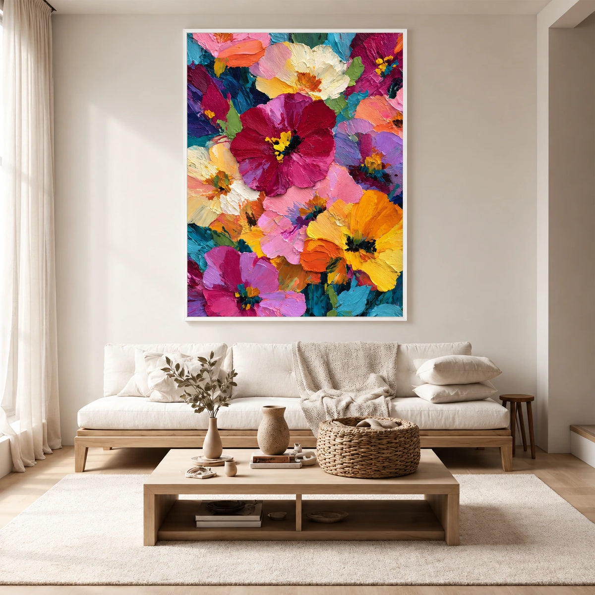 Vivid Blooms painting in a white frame above a pale sofa and low wood coffee table.