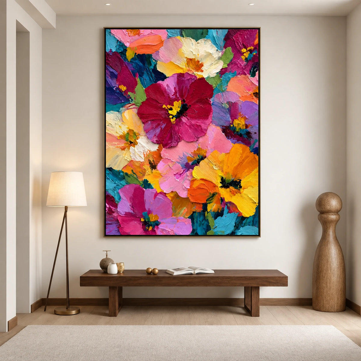 Vivid Blooms painting in a dark frame above a long wood bench beside a floor lamp.