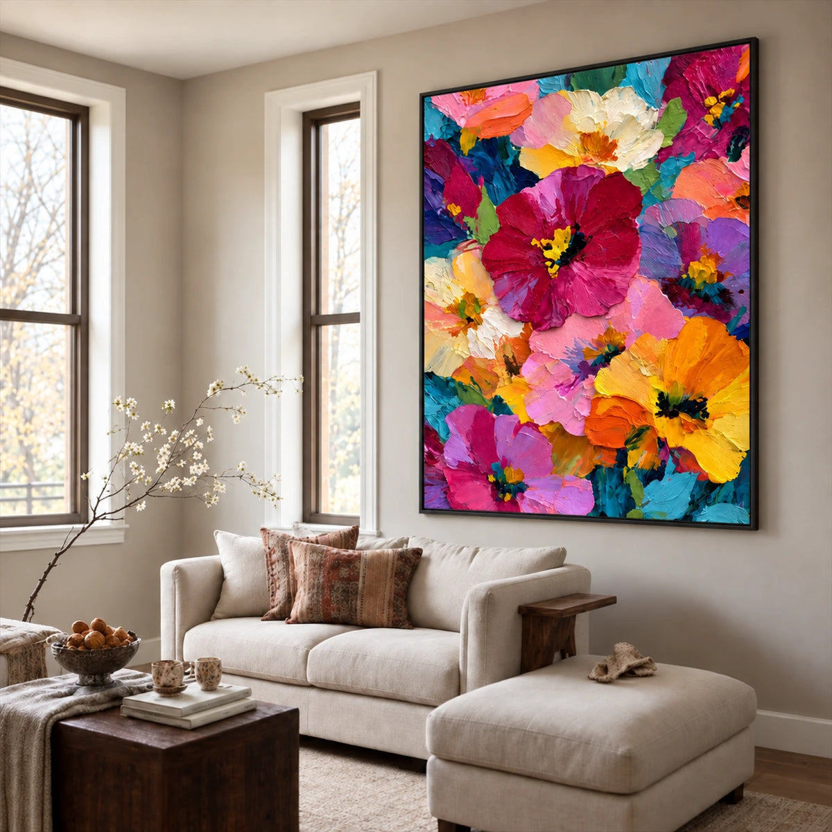 Vivid Blooms painting in a dark frame above a light sectional sofa beside tall windows.