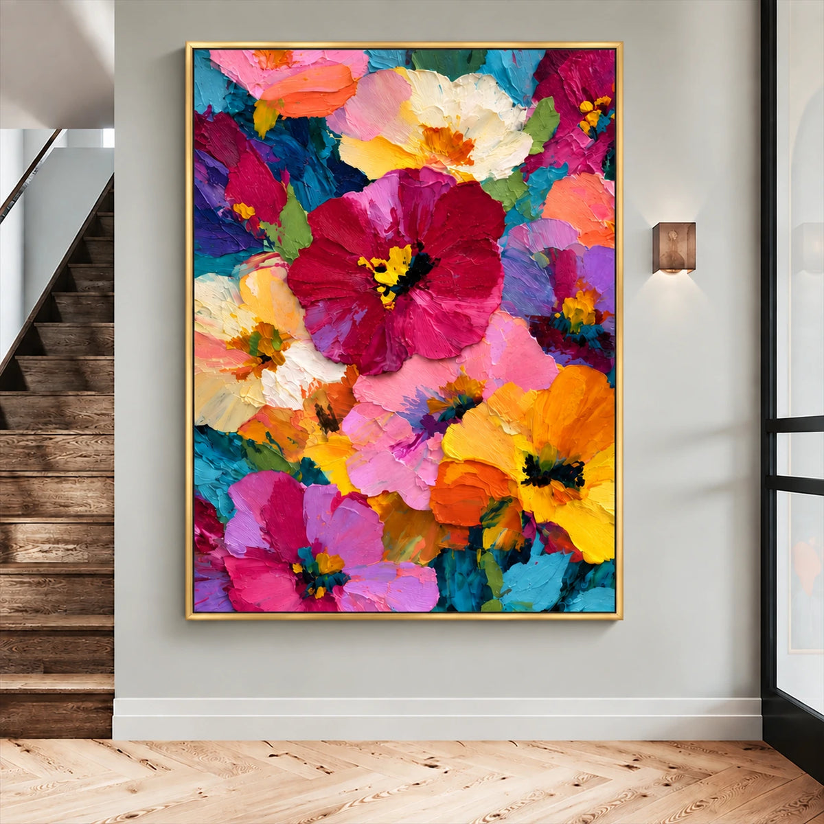 Vivid Blooms painting in a gold-colored frame on a gray wall beside wood stairs and a wall light.