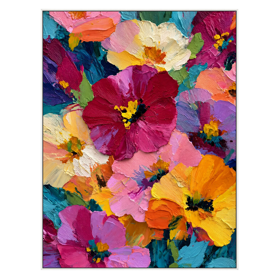 Vivid Blooms vertical artwork in a white frame on a transparent background.