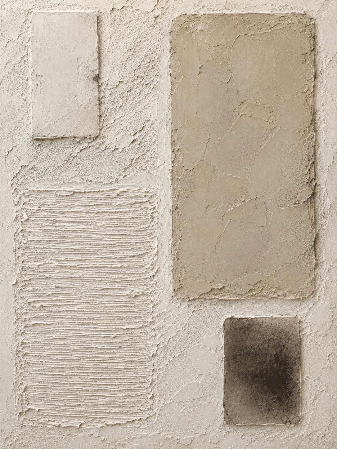 Full abstract artwork with pale rectangular forms, fine horizontal ridges and a small deep brown accent on an ivory field.