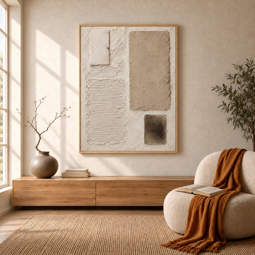 Quiet Forms painting above a low wood cabinet beside a cream armchair with an ochre throw.