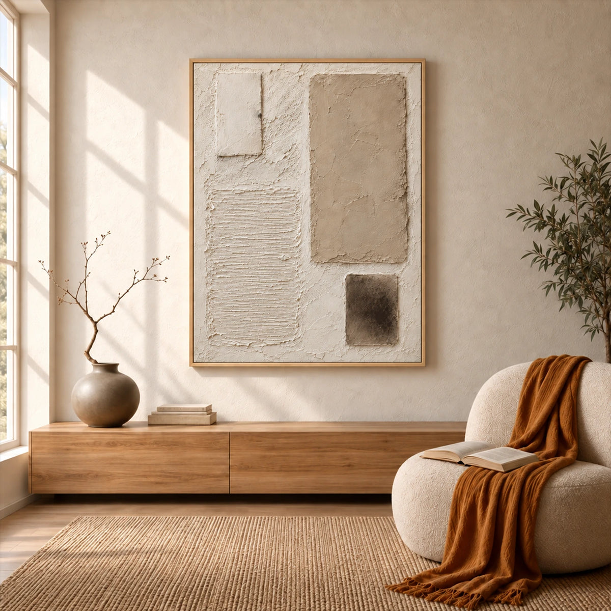 Quiet Forms painting above a low wood cabinet beside a cream armchair with an ochre throw.