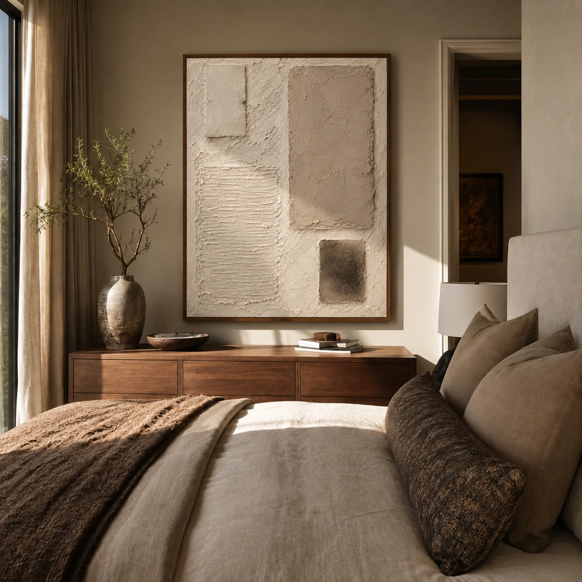 Quiet Forms painting above a wood cabinet beside a bed with warm neutral linens.