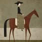 Full artwork of a rider wearing a wide-brimmed black hat on a slender chestnut horse against olive and cream fields.