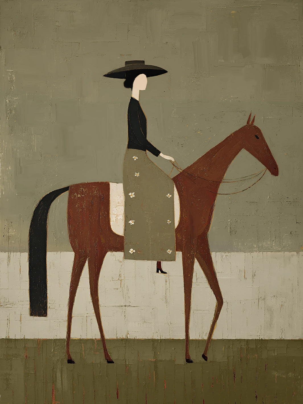 Full artwork of a rider wearing a wide-brimmed black hat on a slender chestnut horse against olive and cream fields.
