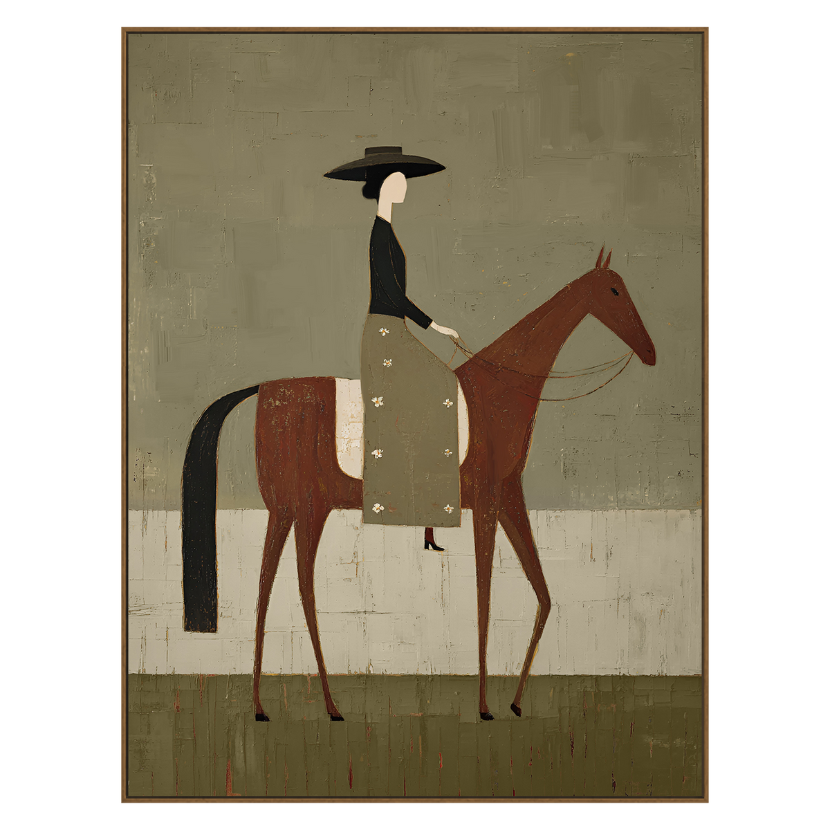 Olive Rider vertical artwork in a natural wood frame on a transparent background.