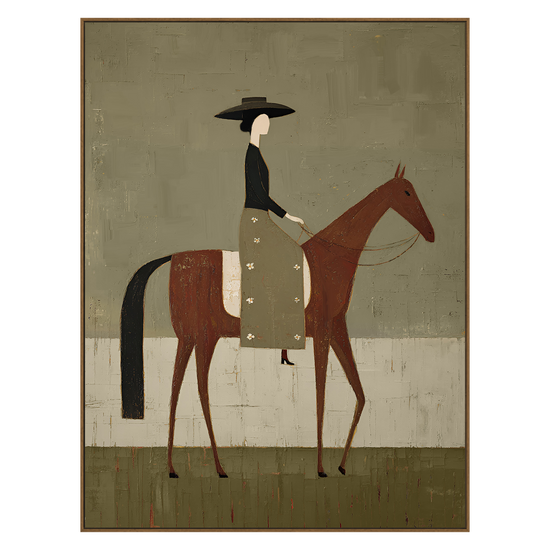Olive Rider vertical artwork in a natural wood frame on a transparent background.
