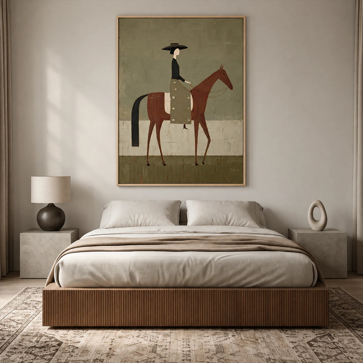 Olive Rider painting above a wood bed with neutral linens and bedside lamps.