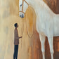Full artwork of a slender figure holding the reins of a tall white horse against an ochre and earthy brown background.