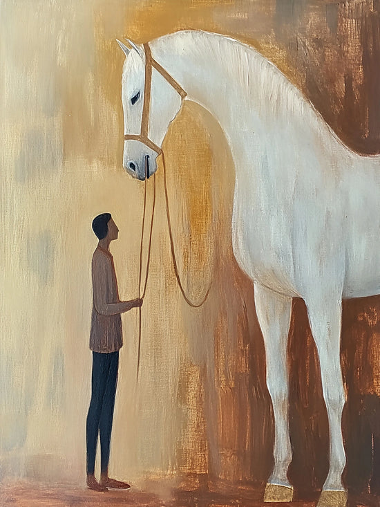 Full artwork of a slender figure holding the reins of a tall white horse against an ochre and earthy brown background.
