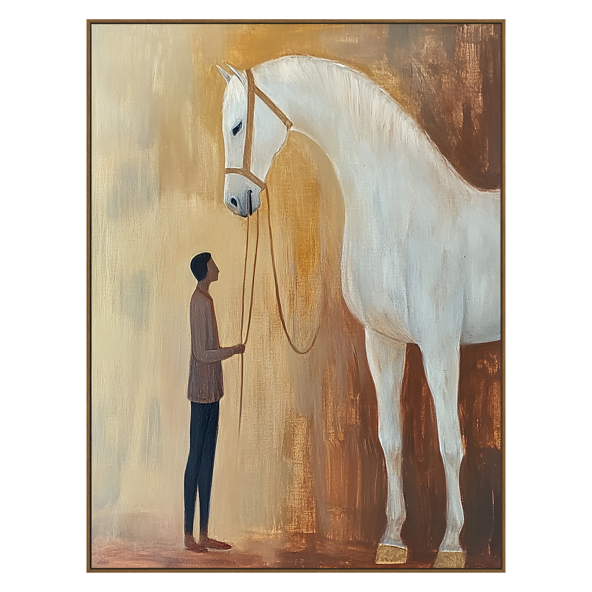 Gentle Bond vertical artwork in a natural wood frame on a transparent background.