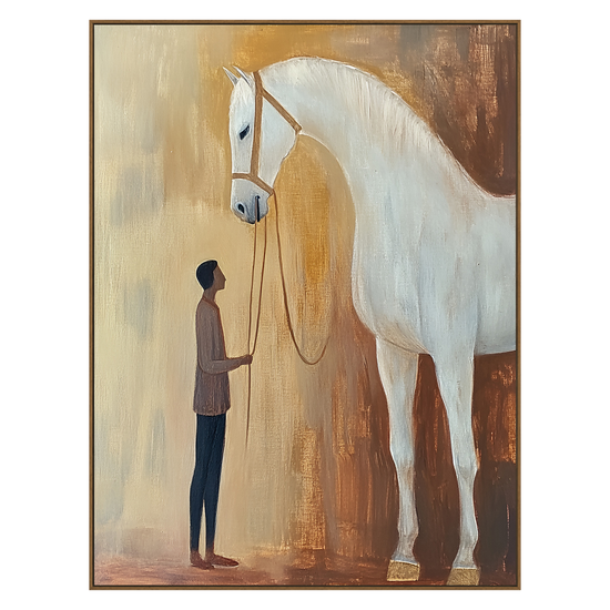 Gentle Bond vertical artwork in a natural wood frame on a transparent background.