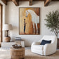 Gentle Bond painting above a console beside a white armchair under exposed wood beams.
