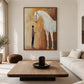 Gentle Bond painting beside a pale sofa and large rectangular wood coffee table.