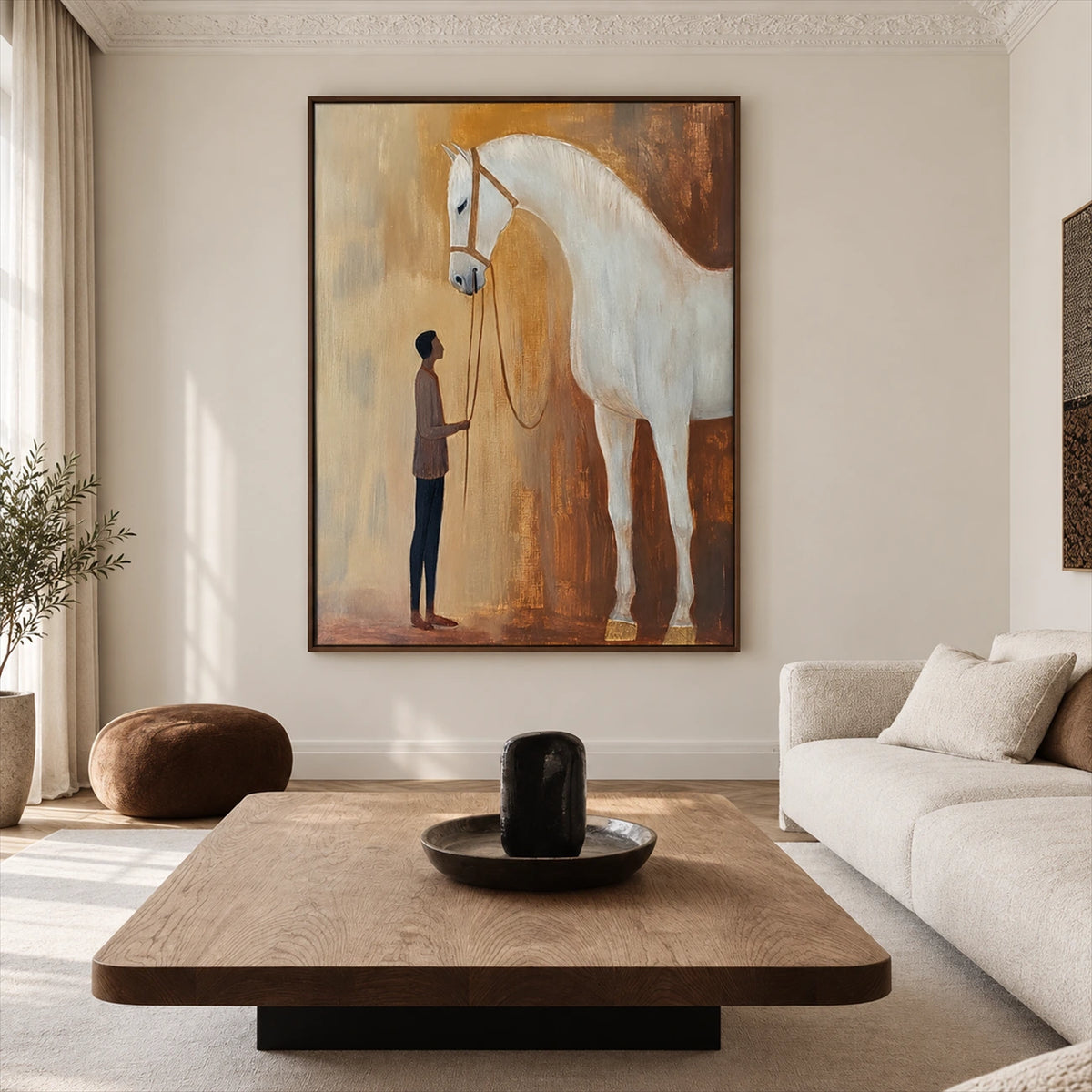 Gentle Bond painting beside a pale sofa and large rectangular wood coffee table.