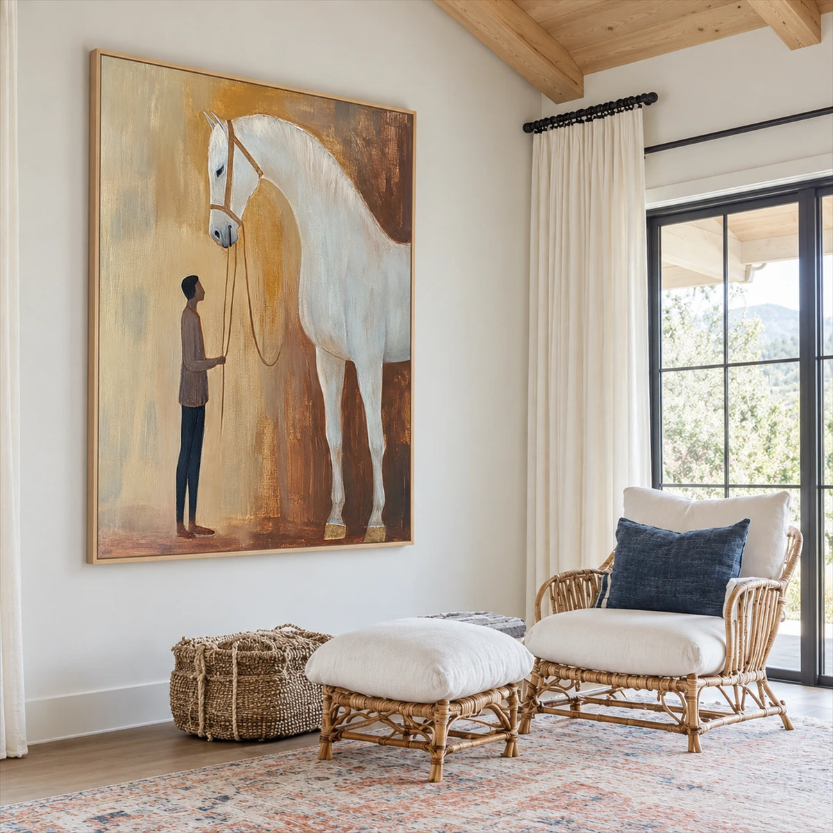 Gentle Bond painting beside a woven lounge chair and ottoman near a large window.