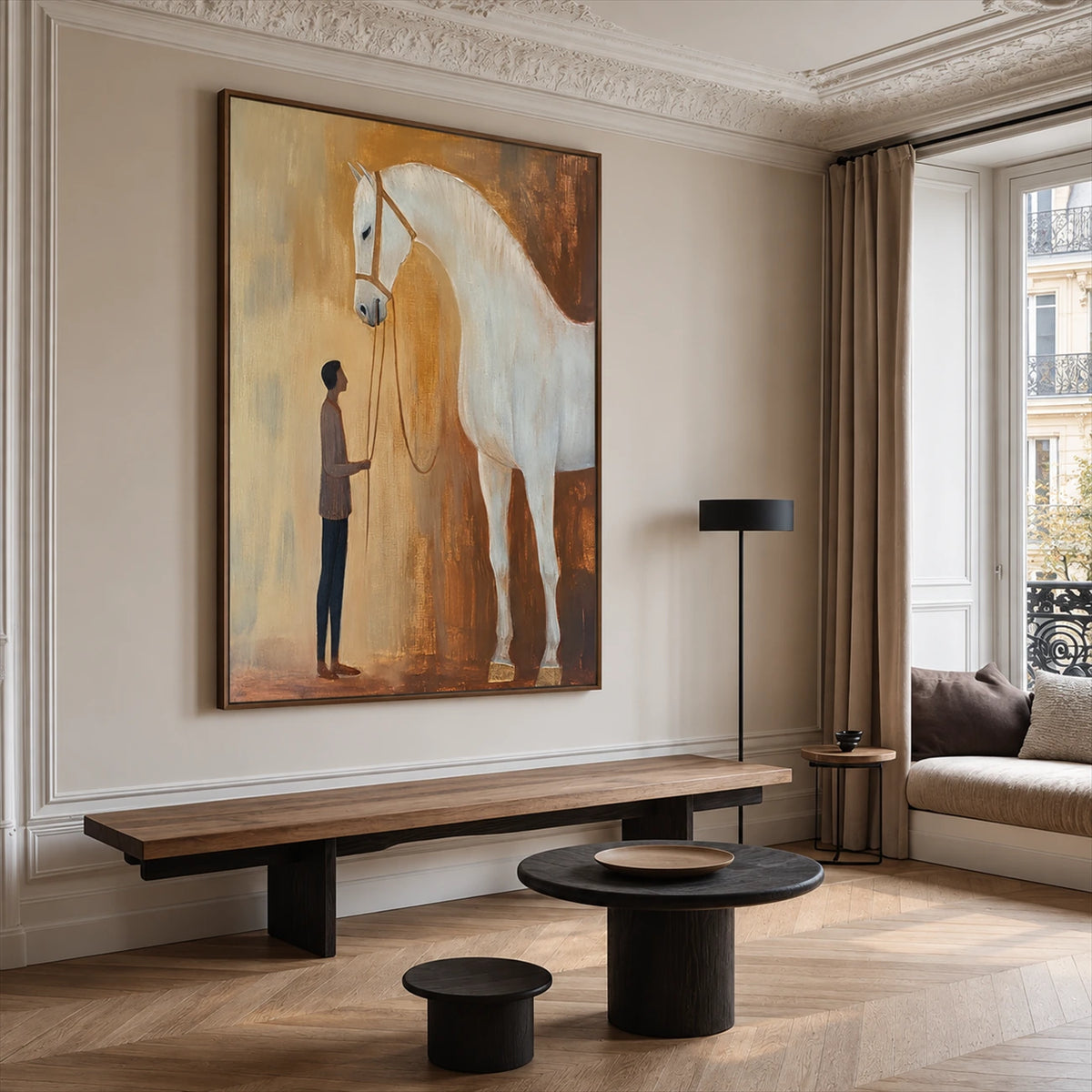 Gentle Bond painting above a long wood bench in a paneled room with tall windows.