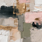 Full abstract artwork with overlapping blush pink, gray-green and ivory blocks, deep charcoal strokes and warm golden marks.