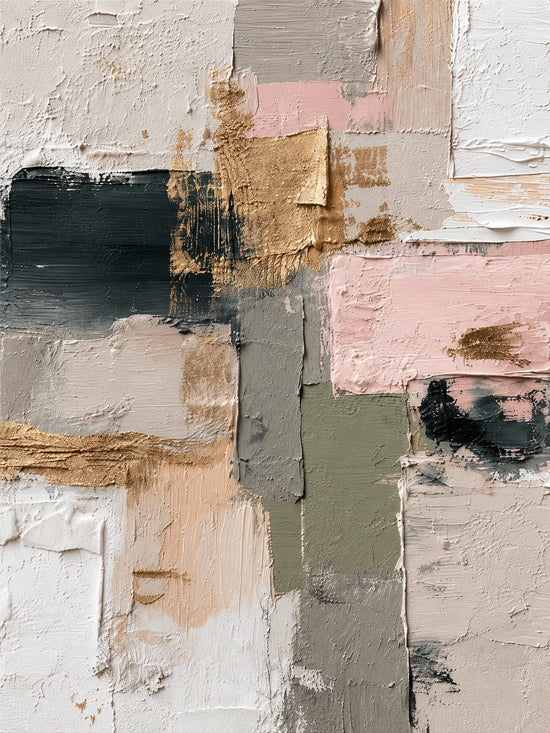 Full abstract artwork with overlapping blush pink, gray-green and ivory blocks, deep charcoal strokes and warm golden marks.
