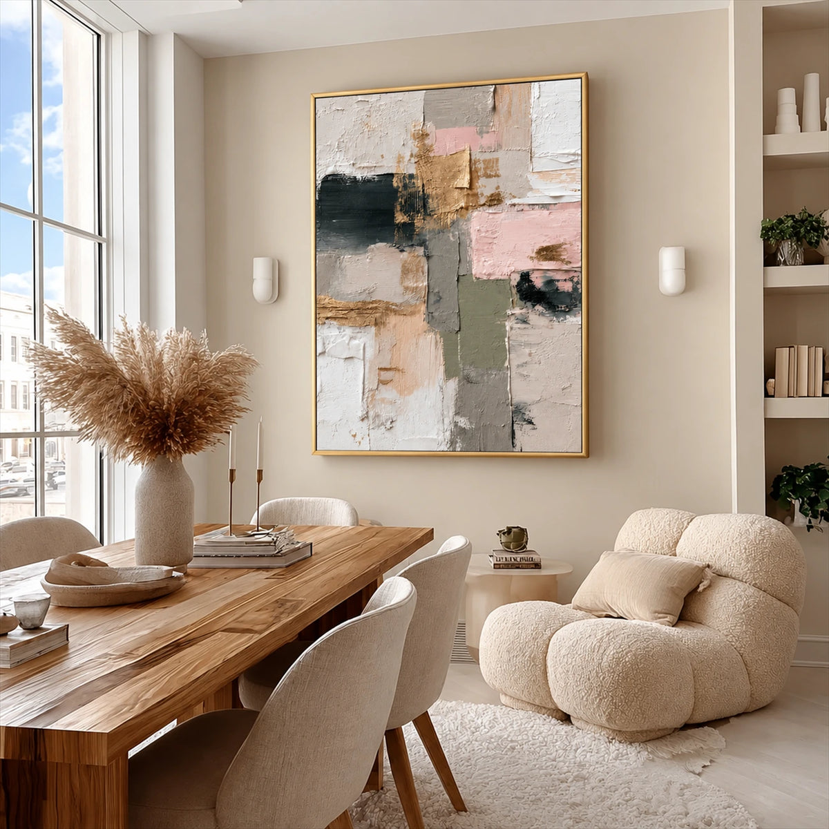 Blush Mosaic painting beside a wood dining table and cream lounge chair near tall windows.
