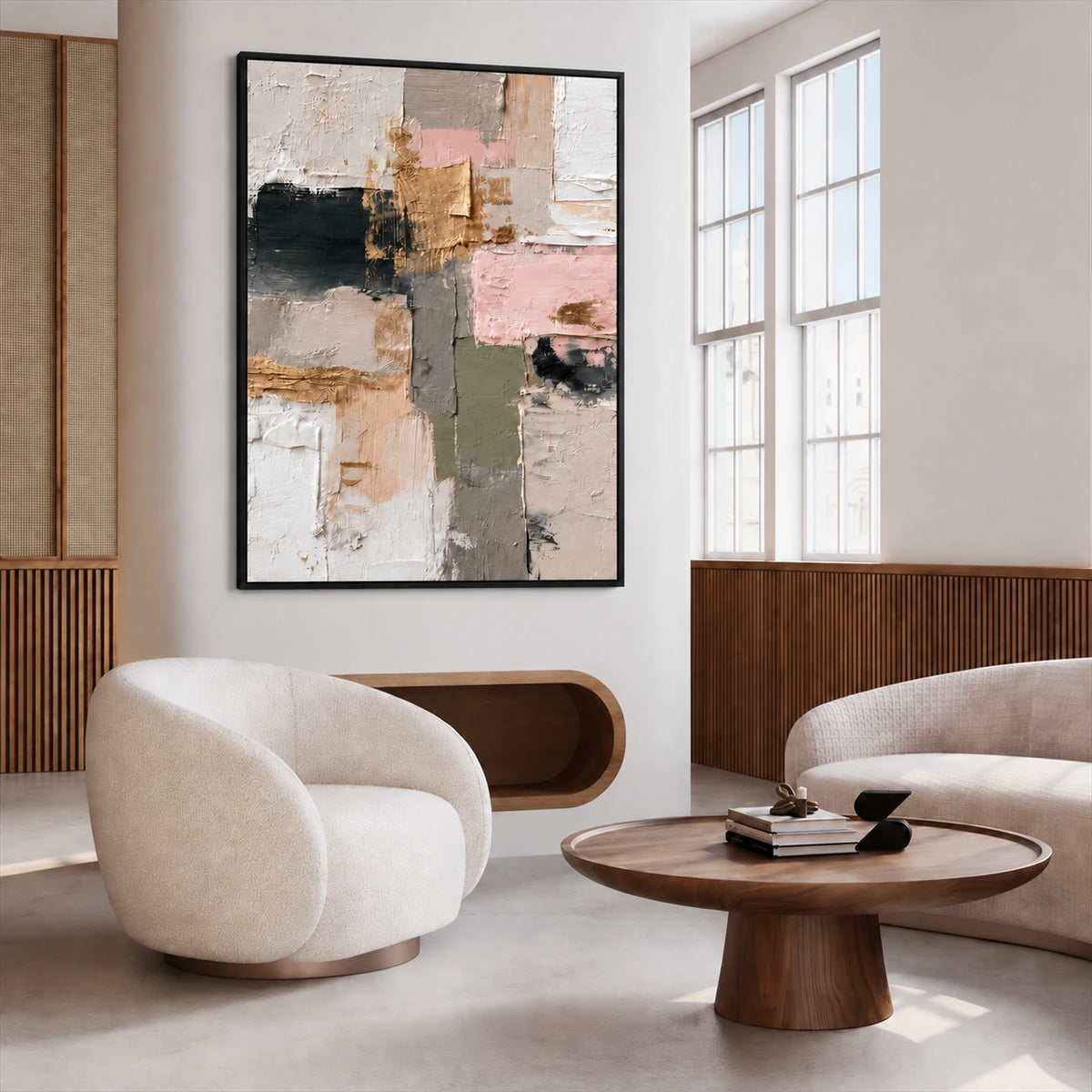 Blush Mosaic painting in a dark frame above a wood cabinet in a living room with rounded seating.