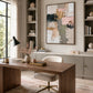 Blush Mosaic painting above fitted cabinets beside a wood desk and upholstered office chair.