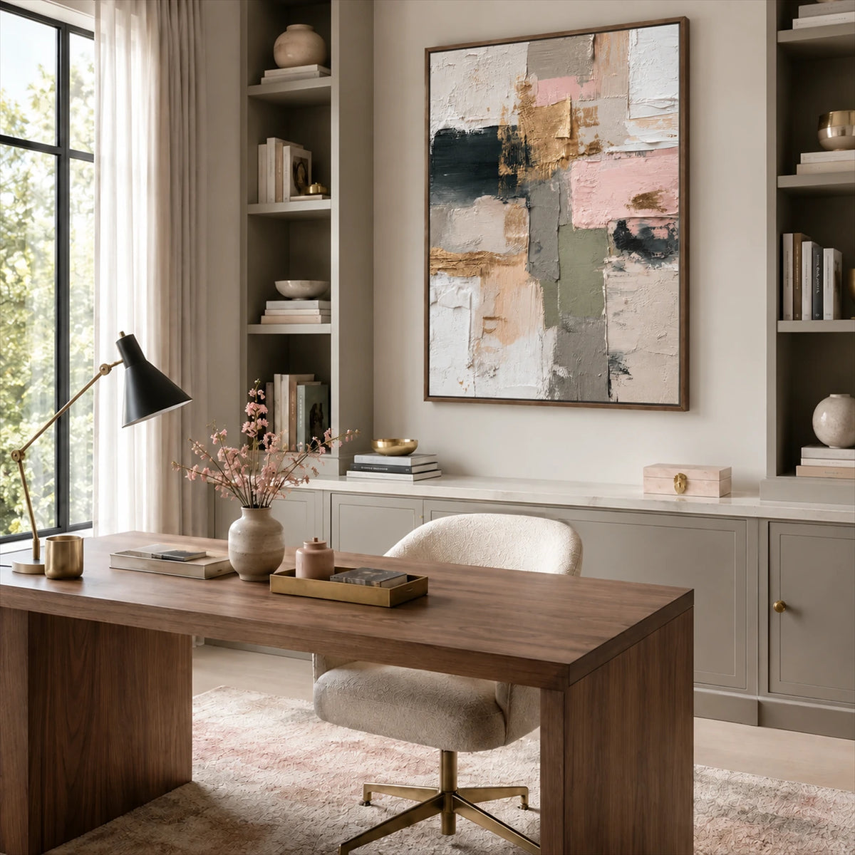 Blush Mosaic painting above fitted cabinets beside a wood desk and upholstered office chair.