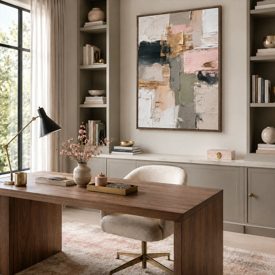 Blush Mosaic painting above fitted cabinets beside a wood desk and upholstered office chair.
