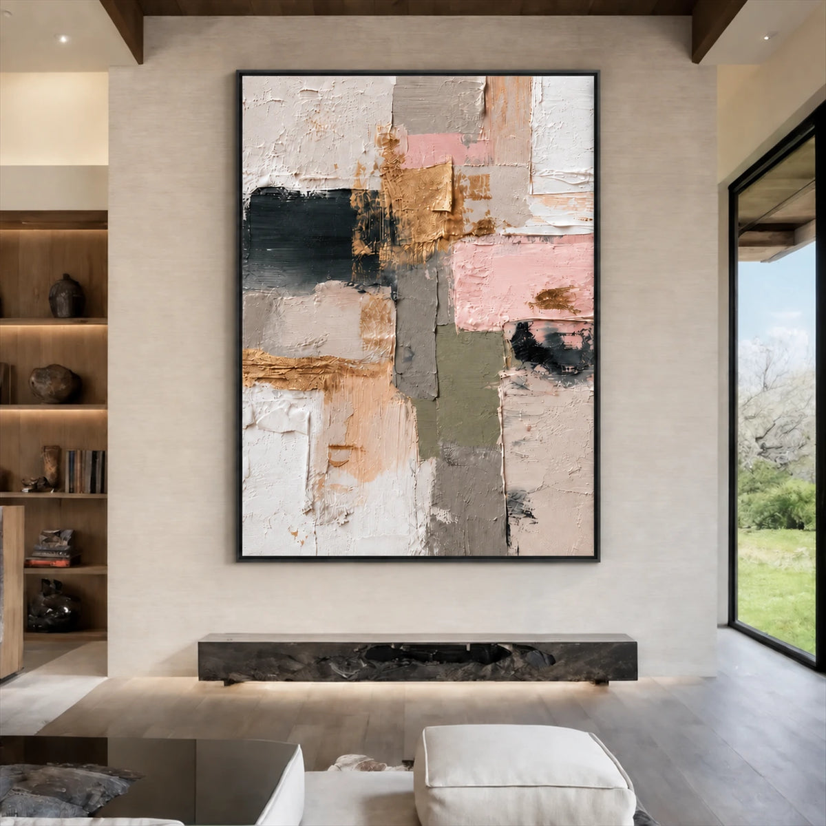 Blush Mosaic painting in a dark frame above a low stone hearth beside built-in shelves.