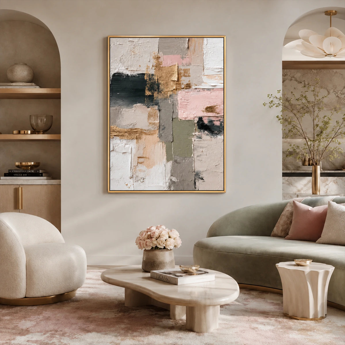 Blush Mosaic painting between arched niches above a green sofa and pale coffee table.