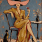 Full artwork of a seated figure in a golden dress and oversized pink hat holding a cocktail, with a black cat and a small table against a blue-gray background.