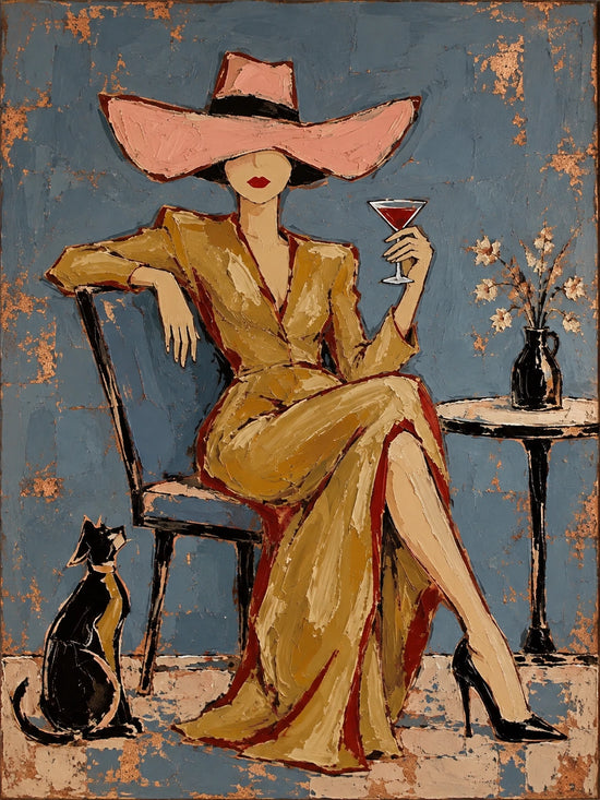 Full artwork of a seated figure in a golden dress and oversized pink hat holding a cocktail, with a black cat and a small table against a blue-gray background.