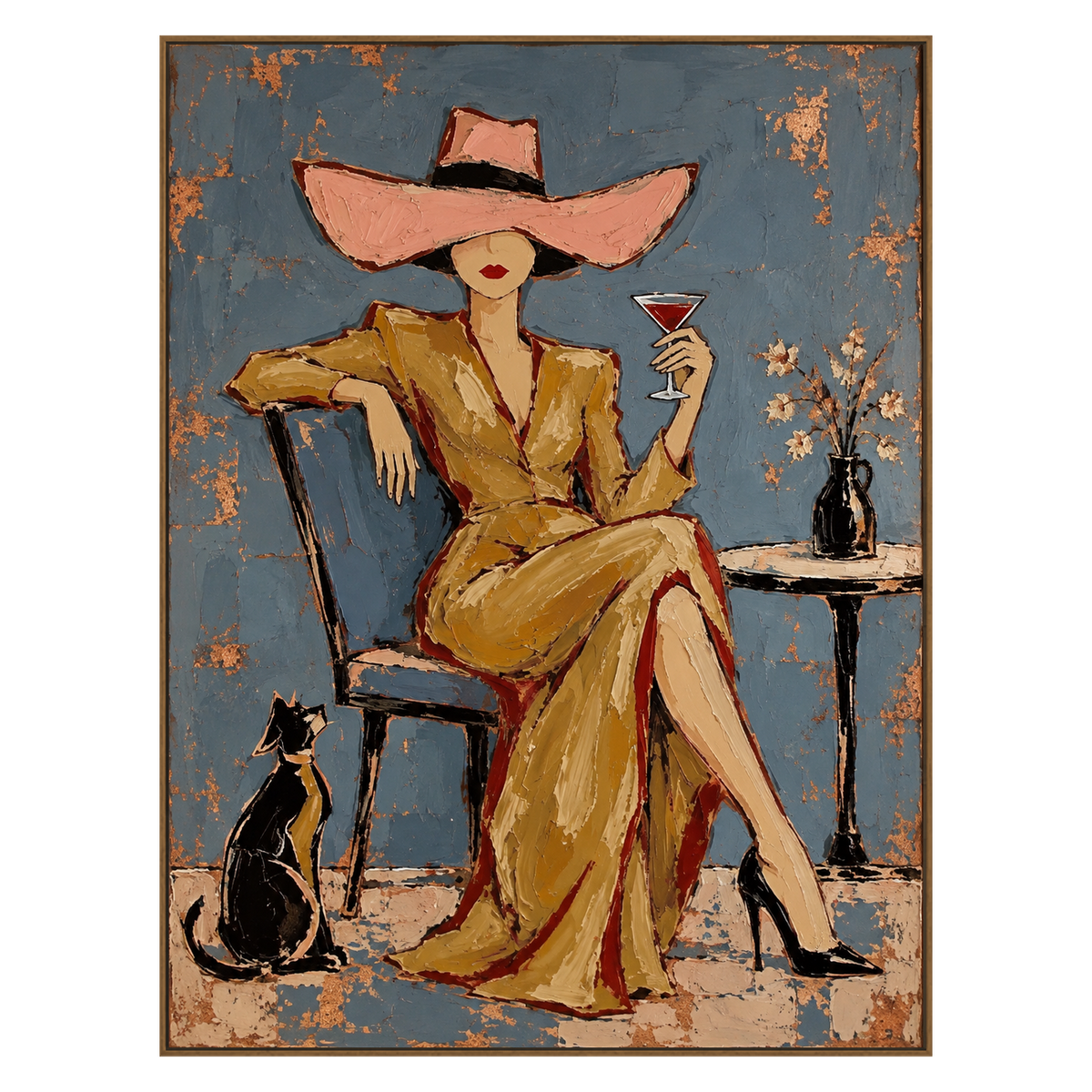 Golden Aperitif vertical artwork in a natural wood frame on a transparent background.