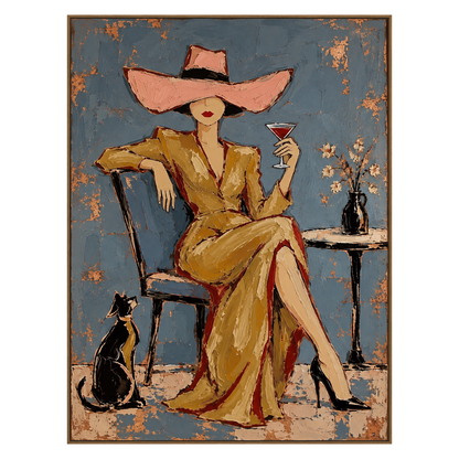 Golden Aperitif vertical artwork in a natural wood frame on a transparent background.