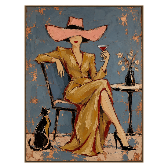 Golden Aperitif vertical artwork in a natural wood frame on a transparent background.