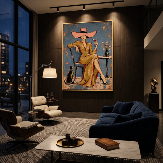 Golden Aperitif painting above lounge seating in a dark living room with a nighttime city view.