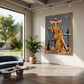 Golden Aperitif painting in a bright living room beside garden windows and a curved blue sofa.