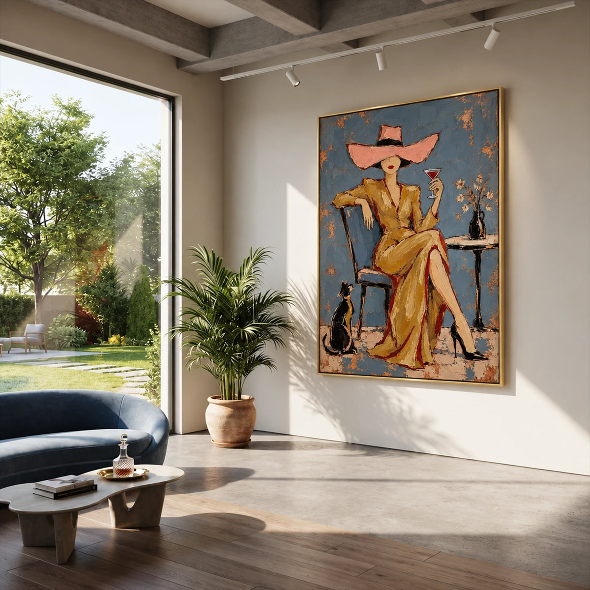 Golden Aperitif painting in a bright living room beside garden windows and a curved blue sofa.