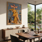 Golden Aperitif painting above a sideboard beside a dining table and large garden windows.