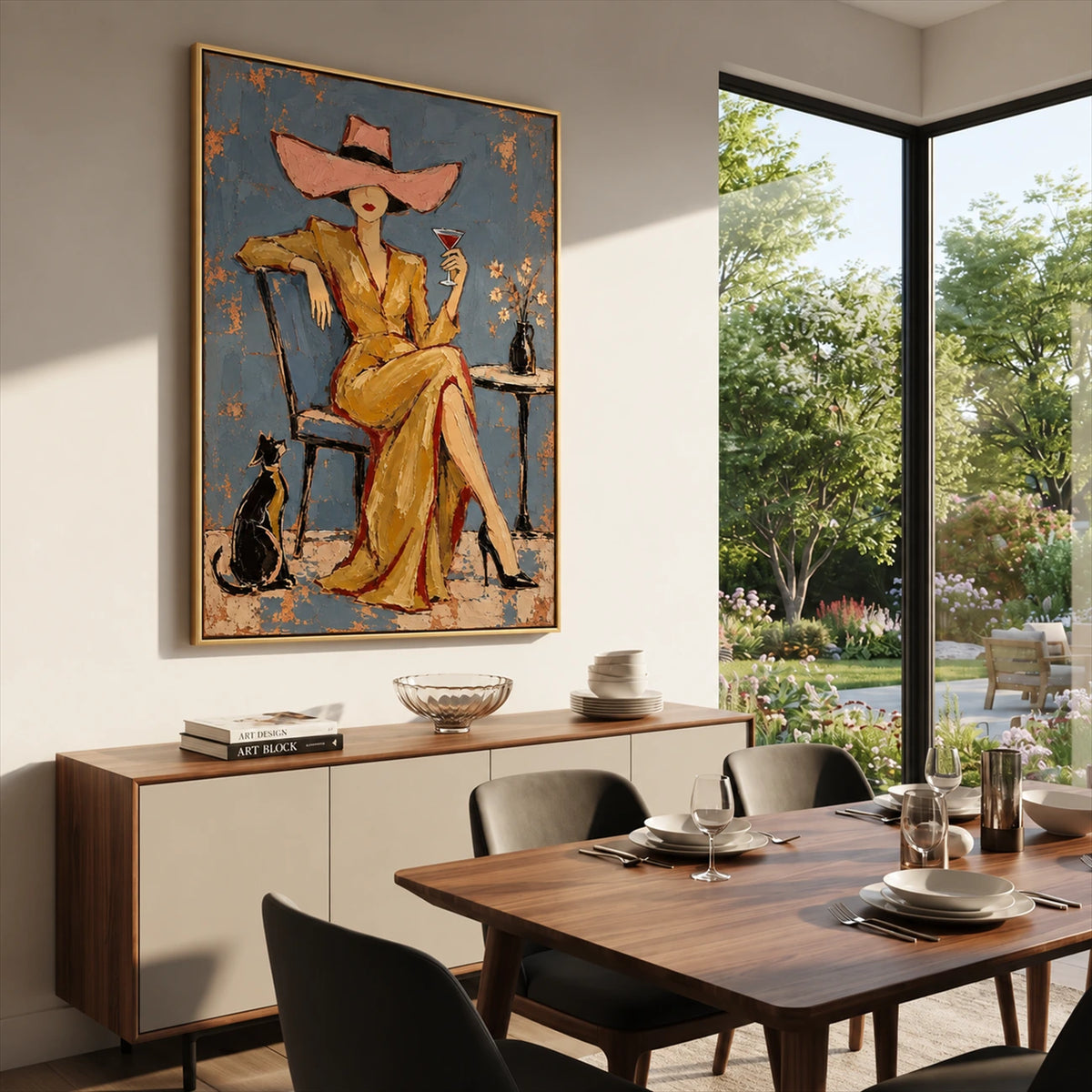 Golden Aperitif painting above a sideboard beside a dining table and large garden windows.