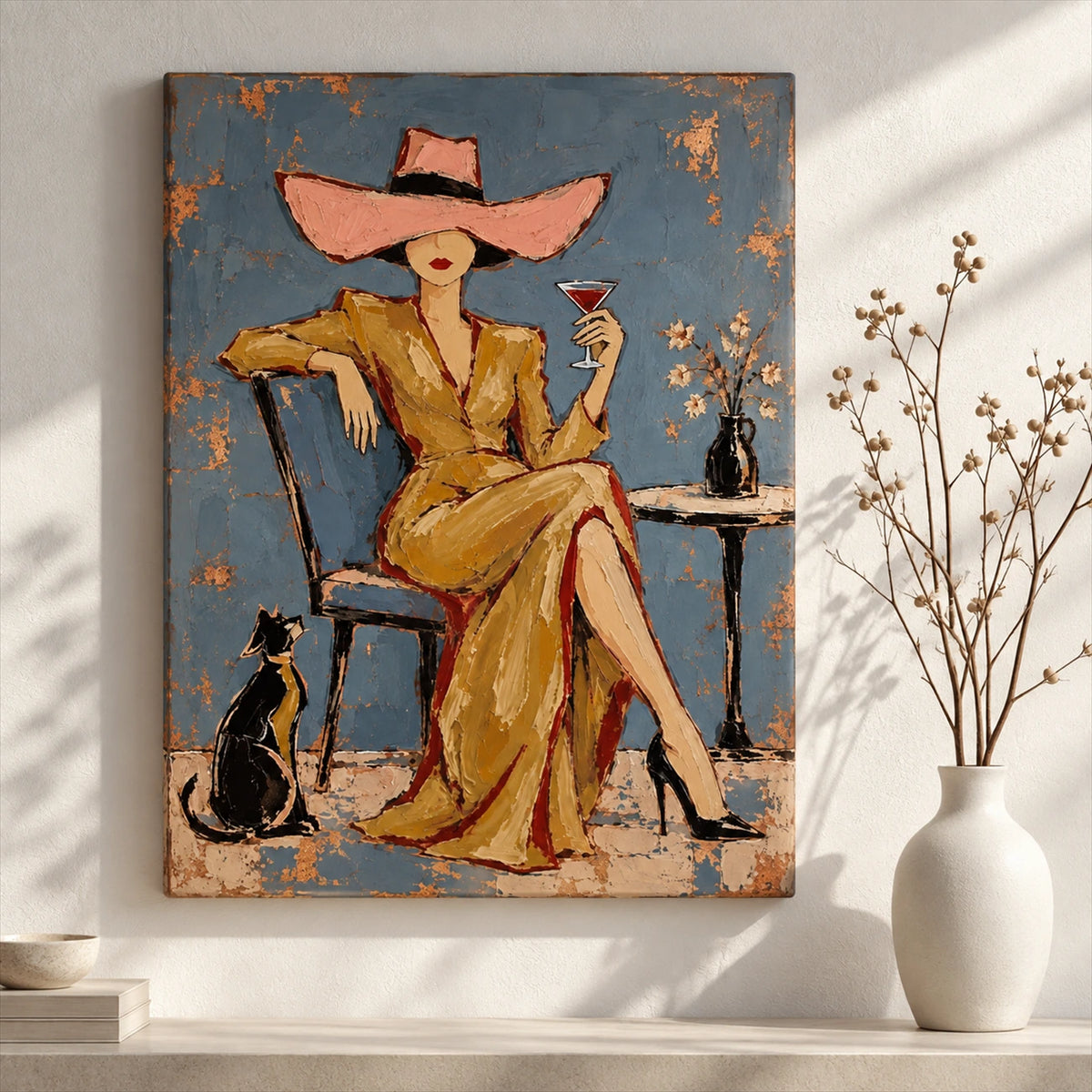 Unframed Golden Aperitif canvas displayed beside a white vase with delicate branches in sunlight.