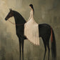 Full artwork of a figure in a flowing ivory dress riding a slender black horse against a softly mottled olive background.