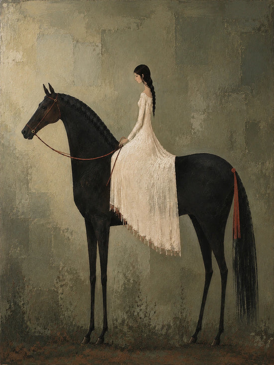 Full artwork of a figure in a flowing ivory dress riding a slender black horse against a softly mottled olive background.