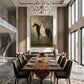 Silent Grace painting above a long dining table in a double-height room with a chandelier.