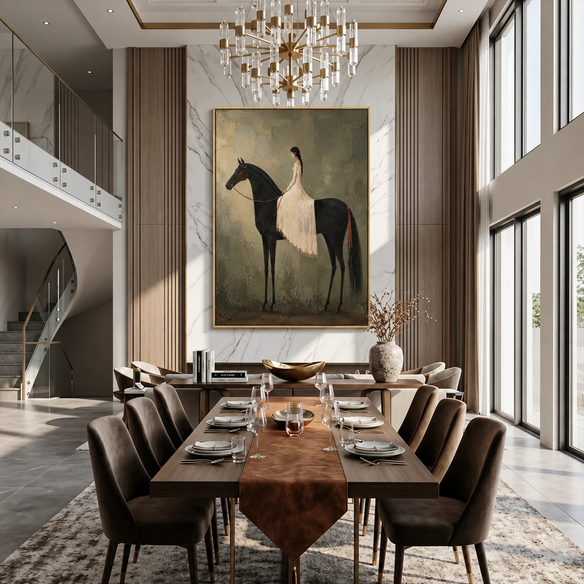 Silent Grace painting above a long dining table in a double-height room with a chandelier.