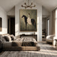 Silent Grace painting above a console in a bedroom with a vaulted ceiling and neutral bedding.